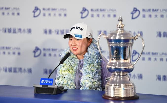 (250309) -- LINGSHUI, March 9, 2025 -- Winner Takeda Rio of Japan attends the press conference, PK, Pressekonferenz after the fourth round of the Blue Bay LPGA, Golf Damen golf tournament in Lingshui, south China s Hainan Province, March 9, 2025. ) (SP)CHINA-HAINAN-LINGSHUI-GOLF-BLUE BAY LPGA (CN) YangxGuanyu 