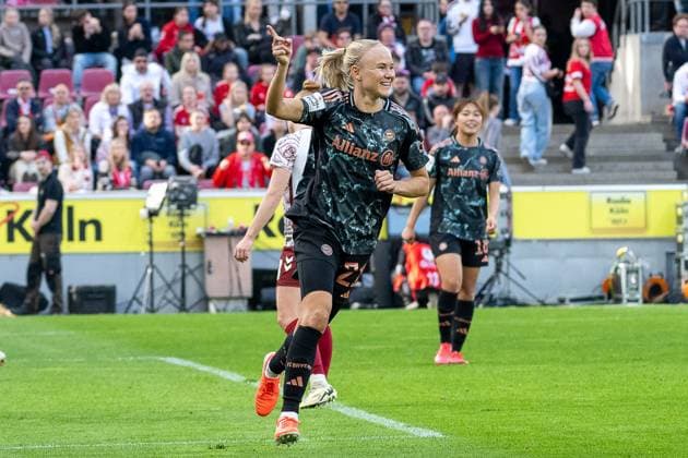 09 03 2025, Soccer Google Pixel Womens Bundesliga, Season 2024 2025, Matchday 16, 1 FC Koeln FC Bayern Muenchen at RheinEnergieStadion in Cologne Pernille Harder FC Bayern Muenchen, 21 celebrates her goal for 2 0 Important note According to the regulations of the DFL German Football League and the DFB German Football Association, it is prohibited, to utilize or have utilized photographs taken in the stadium and or of the match in the form of sequential images and or video-like photo series Foto Kirchner Media Thomas Haesler Copyright: xKirchner-Media ThomasxHaeslerx