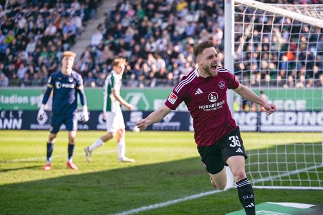 09 03 2025, Soccer, 2 Bundesliga, 25 Matchday Season 2024 2025, Preußen Münster 1 FC Nürnberg, Lukas Schleimer 1 FC Nürnberg is happy about the goal to 0 1, xRHR PHOTO TKx Copyright: RHR-FOTOx RHR-FOTO TK