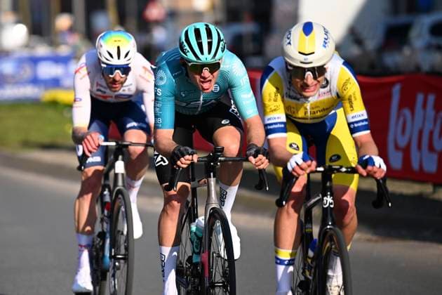 Grand Prix Jean-Pierre Monsere 2025 cycling race ROESELARE, BELGIUM - MARCH 09 : Vercouillie Victor (BEL) of Team Flanders - Baloise, Brunel Alexys (FRA) of Team TotalEnergies, Coppens Michiel (BEL) of BEAT Cycling Club during the Men Elite UCI 1.1 Europe Tour 13th Lotto Begium Cup Grand Prix Jean-Pierre Monsere cycling race of 201,6 kms with start in Ichtegem and finish in Roeselare on March 09, 2025 in Roeselare, Belgium, 09 03 2025 ( Motordriver Guy De Vuyst & Roeselare Belgium  Copyright: xTomasxSiskx