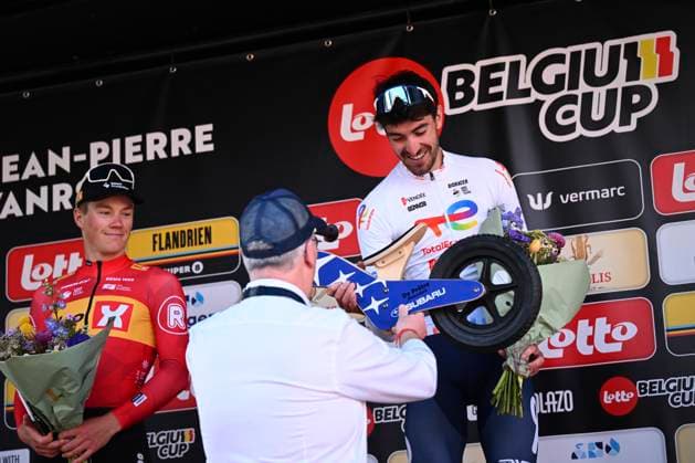 Grand Prix Jean-Pierre Monsere 2025 cycling race ROESELARE, BELGIUM - MARCH 09 : Fredheim Stian (NOR) of Uno-X Mobility and Brunel Alexys (FRA) of Team TotalEnergies pictured during the podium ceremony of the Men Elite UCI 1.1 Europe Tour 13th Lotto Begium Cup Grand Prix Jean-Pierre Monsere cycling race of 201,6 kms with start in Ichtegem and finish in Roeselare on March 09, 2025 in Roeselare, Belgium, 09 03 2025 ( Motordriver Guy De Vuyst & Roeselare Belgium  Copyright: xTomasxSiskx