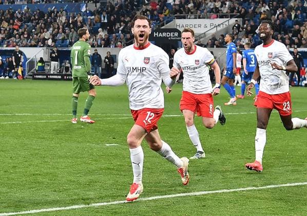 Sport Themen der Woche KW10 Sport Bilder des Tages 09.03.2025, xhbx, Fussball 1.Bundesliga, TSG 1899 Hoffenheim - 1.FC Heidenheim v.l. Torjubel, Goal celebration, celebrate the goal 1:1 durch Budu Zivzivadze (1.FC Heidenheim 1846) (DFL DFB REGULATIONS PROHIBIT ANY USE OF PHOTOGRAPHS as IMAGE SEQUENCES and or QUASI-VIDEO) Sinsheim *** 09 03 2025, xhbx, Soccer 1 Bundesliga, TSG 1899 Hoffenheim 1 FC Heidenheim v l Torjubel, Goal celebration, celebrate the goal 1 1 by Budu Zivzivadze 1 FC Heidenheim 1846 DFL DFB REGULATIONS PROHIBIT ANY USE OF PHOTOGRAPHS as IMAGE SEQUENCES and or QUASI VIDEO Sinsheim
