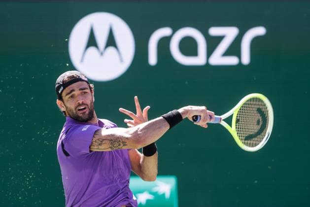 March 9, 2025: Matteo Berrettini of Italy hits a shot against Stefano Tsitsipas of Greece in their round 3 match during the BNP Paribas Open at Indian Wells Tennis Garden on March 09, 2025 in Indian Wells, California. Indian Wells USA - ZUMAc04_ 20250309_zma_c04_016 Copyright: xMalxTaamx