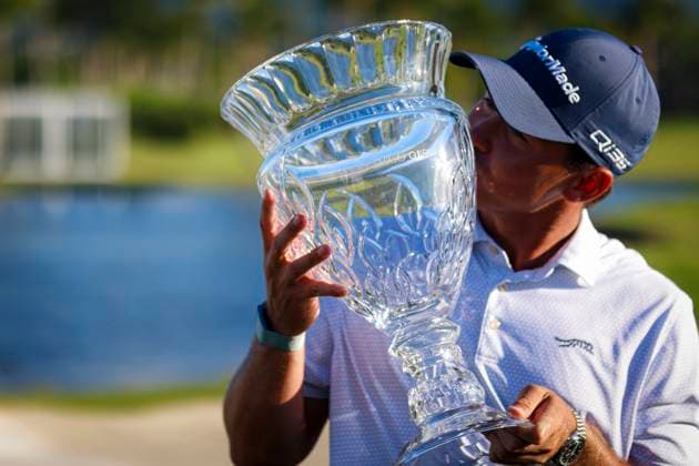 Puerto Rico Open 2025 - Final Round Karl Vilips of Australia poses with the winner s trophy after winning the Puerto Rico Open 2025 at Grand Reserve Golf Club on March 09, 2025 in Rio Grande, Puerto Rico. San Juan Puerto Rico  Copyright: xEdgardoxMedinax originalFilename:medinamillan-notitle250309_npLLZ.jpg