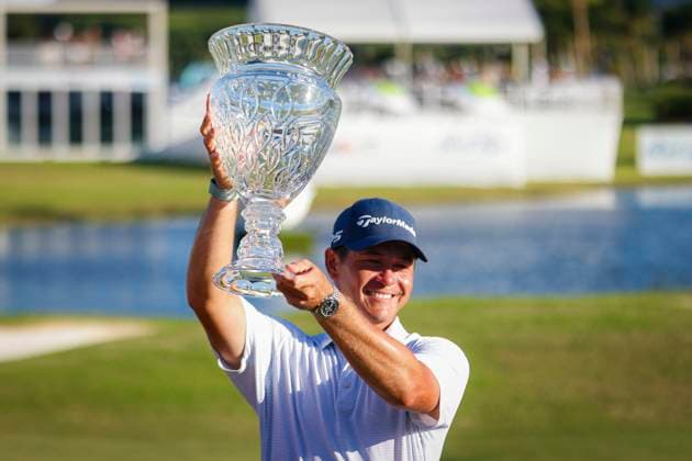 Puerto Rico Open 2025 - Final Round Karl Vilips of Australia poses with the winner s trophy after winning the Puerto Rico Open 2025 at Grand Reserve Golf Club on March 09, 2025 in Rio Grande, Puerto Rico. San Juan Puerto Rico  Copyright: xEdgardoxMedinax originalFilename:medinamillan-notitle250309_npwYo.jpg