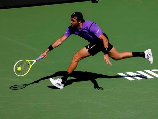 March 09, 2025 Matteo Berrettini (ITA) returns a shot against Stefanos Tsitsipas (GRE) during the 2025 BNP Paribas Open at Indian Wells Tennis Garden in Indian Wells, California. Mandatory Photo Credit: CSM Indian Wells United States of America - ZUMAc04_ 20250309_zma_c04_045 Copyright: xCharlesxBausx