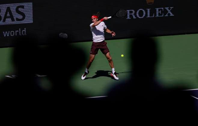 March 09, 2025 Stefanos Tsitsipas (GRE) returns a shot against Matteo Berrettini (ITA) during the 2025 BNP Paribas Open at Indian Wells Tennis Garden in Indian Wells, California. Mandatory Photo Credit: CSM Indian Wells United States of America - ZUMAc04_ 20250309_zma_c04_053 Copyright: xCharlesxBausx
