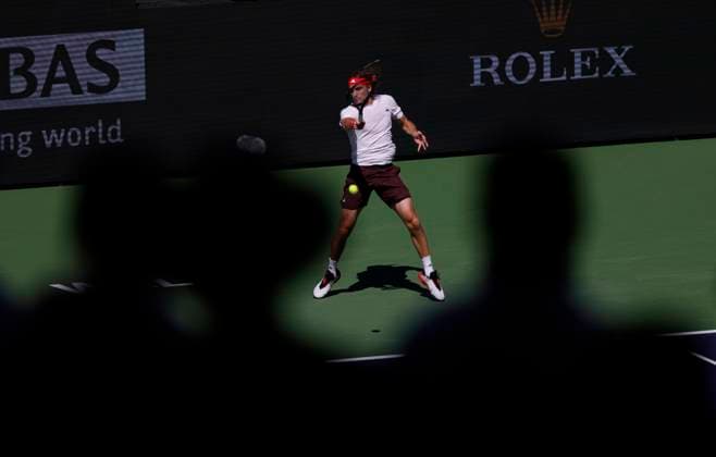 March 09, 2025 Stefanos Tsitsipas (GRE) returns a shot against Matteo Berrettini (ITA) during the 2025 BNP Paribas Open at Indian Wells Tennis Garden in Indian Wells, California. Mandatory Photo Credit: CSM Indian Wells United States of America - ZUMAc04_ 20250309_zma_c04_052 Copyright: xCharlesxBausx