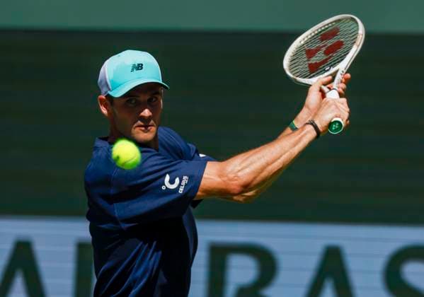 March 09, 2025 Tommy Paul returns a shot against Cameron Norrie (GBR) during the 2025 BNP Paribas Open at Indian Wells Tennis Garden in Indian Wells, California. Mandatory Photo Credit: CSM Indian Wells United States of America - ZUMAc04_ 20250309_zma_c04_098 Copyright: xCharlesxBausx