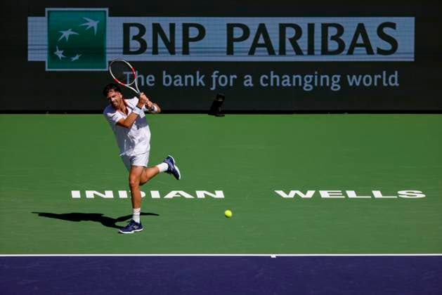 March 09, 2025 Cameron Norrie (GBR) returns a shot against Tommy Paul during the 2025 BNP Paribas Open at Indian Wells Tennis Garden in Indian Wells, California. Mandatory Photo Credit: CSM Indian Wells United States of America - ZUMAc04_ 20250309_zma_c04_084 Copyright: xCharlesxBausx