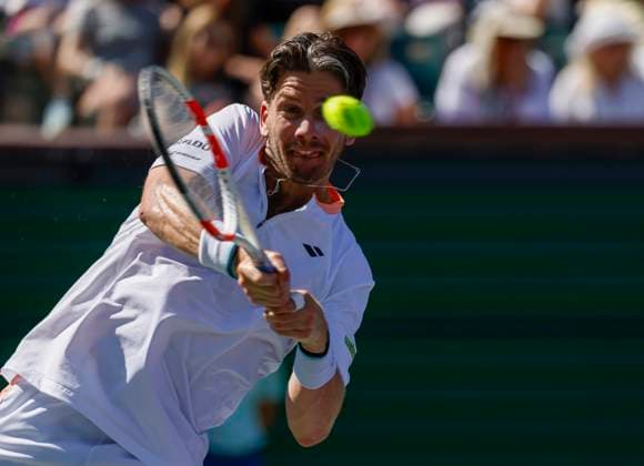 March 09, 2025 Cameron Norrie (GBR) returns a shot against Tommy Paul during the 2025 BNP Paribas Open at Indian Wells Tennis Garden in Indian Wells, California. Mandatory Photo Credit: CSM Indian Wells United States of America - ZUMAc04_ 20250309_zma_c04_105 Copyright: xCharlesxBausx
