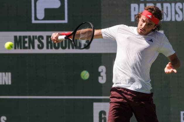 March 9, 2025: Stefano Tsitsipas of Greece hits a shot against Matteo Berrettini of Italy in their round 3 match during the BNP Paribas Open at Indian Wells Tennis Garden on March 09, 2025 in Indian Wells, California. Indian Wells USA - ZUMAc04_ 20250309_zma_c04_022 Copyright: xMalxTaamx