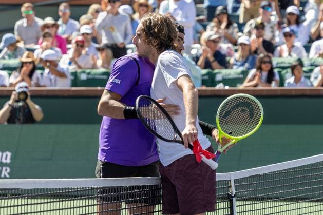 March 9, 2025: Stefano Tsitsipas of Greece and Matteo Berrettini of Italy shake hands after their round 3 match during the BNP Paribas Open at Indian Wells Tennis Garden on March 09, 2025 in Indian Wells, California. Indian Wells USA - ZUMAc04_ 20250309_zma_c04_023 Copyright: xMalxTaamx