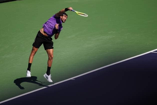 March 9, 2025: Matteo Berrettini of Italy hits a serve against Stefano Tsitsipas of Greece in their round 3 match during the BNP Paribas Open at Indian Wells Tennis Garden on March 09, 2025 in Indian Wells, California. Indian Wells USA - ZUMAc04_ 20250309_zma_c04_024 Copyright: xMalxTaamx