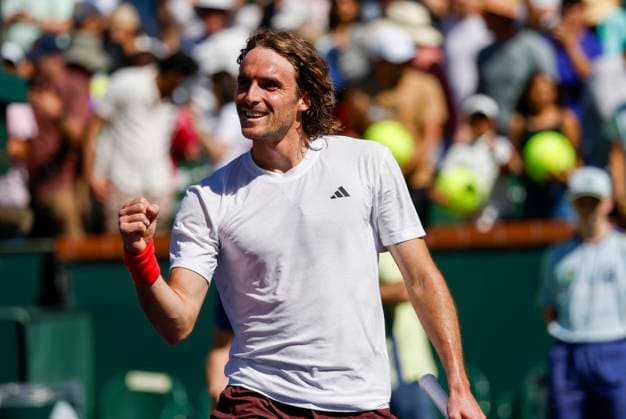 March 09, 2025 Stefanos Tsitsipas (GRE) celebrates after winning his match against Matteo Berrettini (ITA) during the 2025 BNP Paribas Open at Indian Wells Tennis Garden in Indian Wells, California. Mandatory Photo Credit: CSM Indian Wells United States of America - ZUMAc04_ 20250309_zma_c04_071 Copyright: xCharlesxBausx
