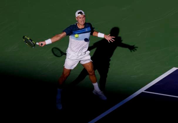 March 09, 2025 Holger Rune (DEN) returns a shot against Ugo Humbert (FRA) during the 2025 BNP Paribas Open at Indian Wells Tennis Garden in Indian Wells, California. Mandatory Photo Credit: CSM Indian Wells United States of America - ZUMAc04_ 20250309_zma_c04_221 Copyright: xCharlesxBausx