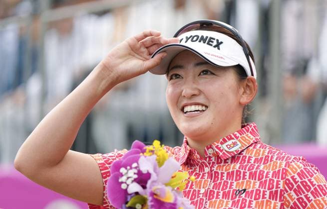 Golf: Daikin Orchid Ladies Chisato Iwai of Japan meets the press after winning the season-opening Daikin Orchid Ladies at Ryukyu Golf Club in the Okinawa Prefecture city of Nanjo, southern Japan, on March 9, 2025.  A14AA0004278870P