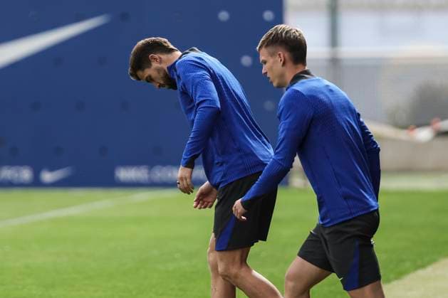 March 10, 2025, Sant Joan Despi, Barcelona, SPAIN: Dani Olmo and Inigo Martinez during the training day of FC Barcelona, Barca ahead UEFA Champions League, football match against SL Benfica at Ciudad Esportiva Joan Gamper on March 10, 2025 in Sant Joan Despi, Barcelona, Spain. Sant Joan Despi SPAIN - ZUMAa181 20250310_zaa_a181_009 Copyright: xJavierxBorregox