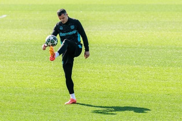 UEFA Champions League, final training Bayer 04 Leverkusen 10 03 2025 Granit Xhaka Bayer 04 Leverkusen, 34 on the ball UEFA Champions League round of 16 second leg, final training Bayer 04 Leverkusen before the match against FC Bayern Munich Leverkusen, Ulrich Haberland Stadion on 10 03 2025 Copyright: xBEAUTIFULxSPORTS Wunderlx