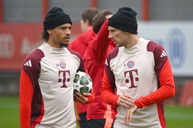 v re Leon GORETZKA Bayern Muenchen ,Leroy SANE Bayern Muenchen , Final training on 10 03 2025 before the football Champions League round of 16 Bayer 04 Leverkusen FC Bayern Muenchen