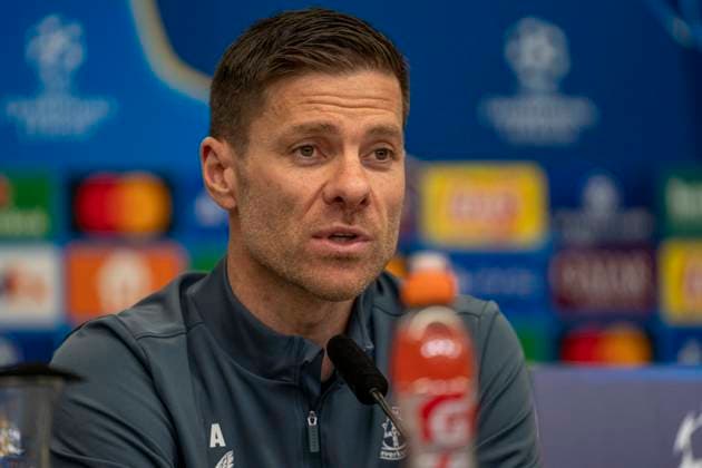 Xabi Alonso Bayer 04 Leverkusen, Coach at the press conference 10 03 2025, Press conference Bayer 04 Leverkusen before the second leg of the Champions League Bayer Leverkusen FC Bayern Munich Bundesliga, GER, Leverkusen, BayArena DFL regulations prohibit any use of photographs as image sequences and or quasi video Copyright: HMBxMedia xMarcoxBader