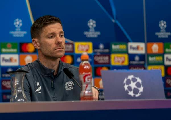 Xabi Alonso Bayer 04 Leverkusen, Coach at the press conference 10 03 2025, Press conference Bayer 04 Leverkusen before the second leg of the Champions League Bayer Leverkusen FC Bayern Munich Bundesliga, GER, Leverkusen, BayArena DFL regulations prohibit any use of photographs as image sequences and or quasi video Copyright: HMBxMedia xMarcoxBader