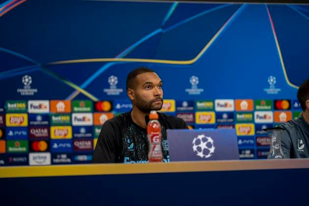 Jonathan Tah Bayer 04 Leverkusen, 4 at the press conference 10 03 2025, Press conference Bayer 04 Leverkusen before the second leg of the Champions League Bayer Leverkusen FC Bayern Munich Bundesliga, GER, Leverkusen, BayArena DFL regulations prohibit any use of photographs as image sequences and or quasi video Copyright: HMBxMedia xMarcoxBader