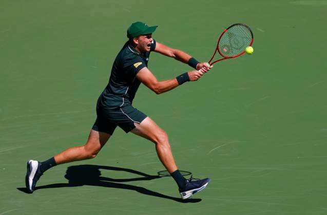 March 10, 2025 Jenson Brooksby returns a shot against Jack Draper (GBR) during the 2025 BNP Paribas Open at Indian Wells Tennis Garden in Indian Wells, California. Mandatory Photo Credit: CSM Indian Wells United States of America - ZUMAc04_ 20250310_zma_c04_001 Copyright: xCharlesxBausx