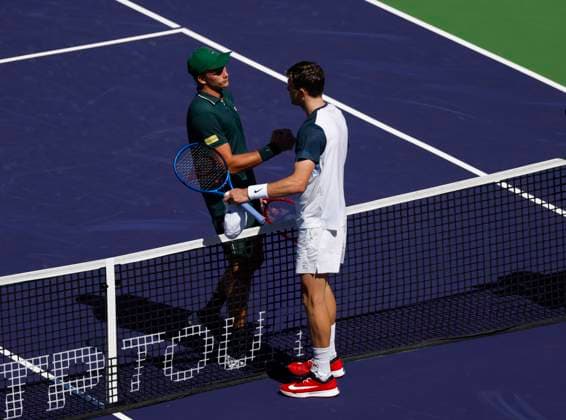 March 10, 2025 Jenson Brooksby congratulates Jack Draper (GBR) after their match during the 2025 BNP Paribas Open at Indian Wells Tennis Garden in Indian Wells, California. Mandatory Photo Credit: CSM Indian Wells United States of America - ZUMAc04_ 20250310_zma_c04_003 Copyright: xCharlesxBausx