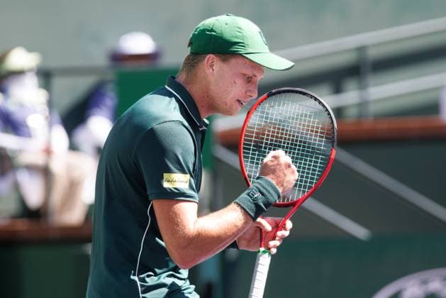 March 10, 2025: Jenson Brooksby (USA) reacts during his match against Jack Draper (GBR) in round 3 of the BNP Paribas Open at Indian Wells Tennis Garden on March 10, 2025 in Indian Wells, California. Indian Wells USA - ZUMAc04_ 20250310_zma_c04_029 Copyright: xMalxTaamx