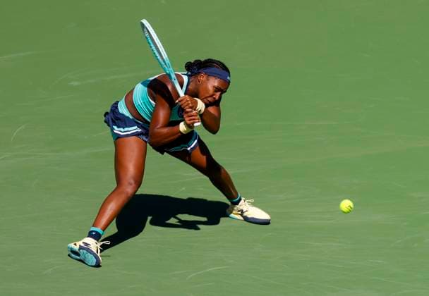 March 10, 2025 Coco Gauff returns a shot against Maria Sakkari (GRE) during the 2025 BNP Paribas Open at Indian Wells Tennis Garden in Indian Wells, California. Mandatory Photo Credit: CSM Indian Wells United States of America - ZUMAc04_ 20250310_zma_c04_064 Copyright: xCharlesxBausx