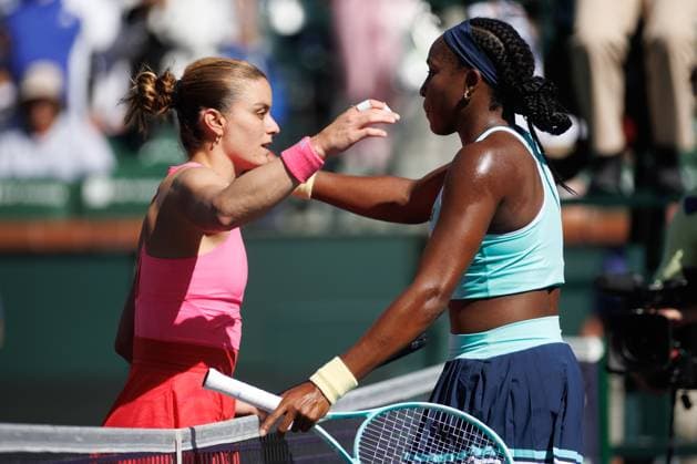 March 10, 2025: Coco Gauff (USA) and Maria Sakkari (GRE) exchange hugs after their round 3 match against at the BNP Paribas Open on March 10, 2025, held at the Indian Wells Tennis Garden in Indian Wells, California. Indian Wells USA - ZUMAc04_ 20250310_zma_c04_093 Copyright: xMalxTaamx