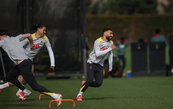 Liverpool Champions League Training 10.3.2025. Liverpool Champions League Training, Axa Training Centre, Liverpool. Mo Salah and Darwin Nunez.  Copyright: xBradleyxOrmesherx NINTCHDBPICT000978801869
