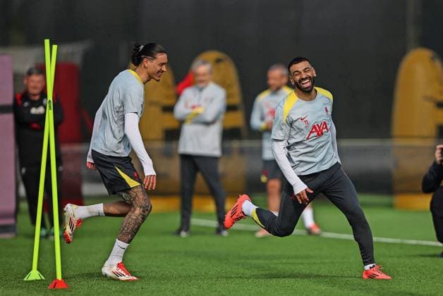 Liverpool Champions League Training 10.3.2025. Liverpool Champions League Training, Axa Training Centre, Liverpool. Mo Salah and Darwin Nunez.  Copyright: xBradleyxOrmesherx NINTCHDBPICT000978822686
