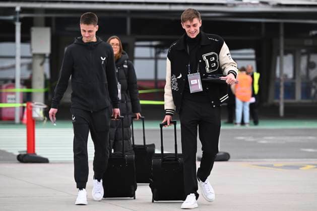 Aston Villa v Club Brugge - UEFA Champions League Media Activities 11 03 2025 OOSTENDE, BELGIUM - MARCH 11 : Zinckernagel Philip forward of Club Brugge, Vermant Romeo forward of Club Brugge pictured at the Oostende airport before departure for the UEFA Champions League 2024 25 round of 16 match second leg between Aston Villa and Club Brugge on March 11, 2025 in Oostende, Belgium, 11 03 2025 Oostende Belgium  Copyright: xVincentxKalutx