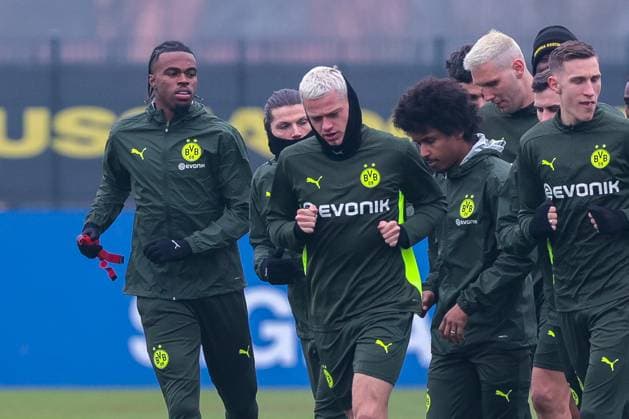 11 03 2025, Final training session for the UEFA Champions League match between OSC Lille and Borussia Dortmund, f l Carney Chukwuemeka Borussia Dortmund , Marcel Sabitzer Borussia Dortmund , Julian Ryerson Borussia Dortmund , Karim Adeyemi Borussia Dortmund , Niklas Süle Borussia Dortmund , Nico Schlotterbeck Borussia Dortmund , Dortmund training ground Borussia Dortmund NRW Germany xRHR PHOTO DEx Copyright: DennisxEwert RHR-FOTOx RHR-FOTO DE