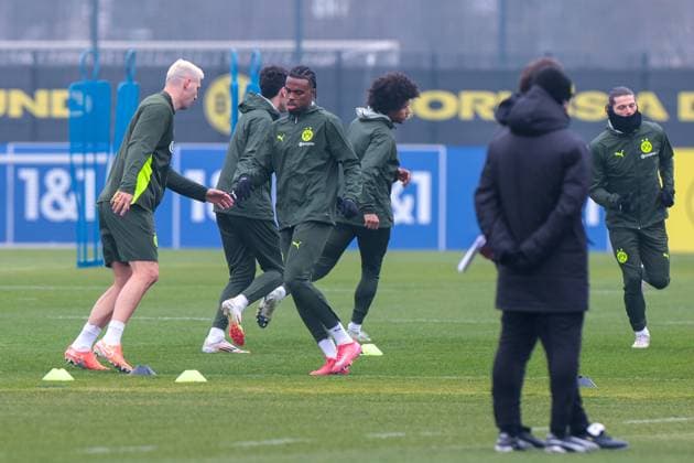 11 03 2025, Final training for the UEFA Champions League match between OSC Lille and Borussia Dortmund, f l Niklas Süle Borussia Dortmund , Carney Chukwuemeka Borussia Dortmund , Karim Adeyemi Borussia Dortmund , Marcel Sabitzer Borussia Dortmund , Dortmund training ground Borussia Dortmund NRW Germany xRHR PHOTO DEx Copyright: DennisxEwert RHR-FOTOx RHR-FOTO DE