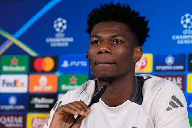 March 11, 2025, Valdebebas, Madrid, SPAIN: Aurelien Tchouameni attends his press conference, PK, Pressekonferenz during the training day of Real Madrid ahead the UEFA Champions League, Round of 16 second round, football match against Atletico de Madrid at Ciudad Deportiva Real Madrid on March11, 2025, in Valdebebas, Madrid, Spain. Valdebebas SPAIN - ZUMAa181 20250311_zaa_a181_003 Copyright: xOscarxJ.xBarrosox