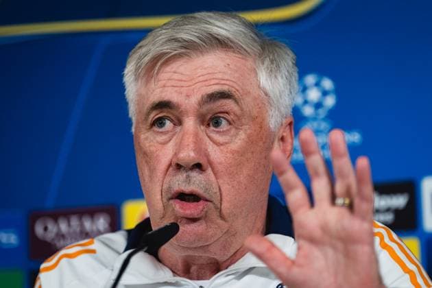 UEFA Champions League 2024 25 Round of 16 Second Leg: Real Madrid CF Training Session and press conference, PK, Pressekonferenz Carlo Ancelotti, head coach of Real Madrid CF, speaks during the press conference during the UEFA Champions League 2024 25 League Round of 16 Second Leg Training Session And Press Conference at Ciudad Real Madrid on March 03, 2025 in Madrid, Spain. Valdebebas Ciudad Real Madrid Madrid Spain Copyright: xAlbertoxGardinx AGardin_20250311_Football_Champions_Real_PC_33