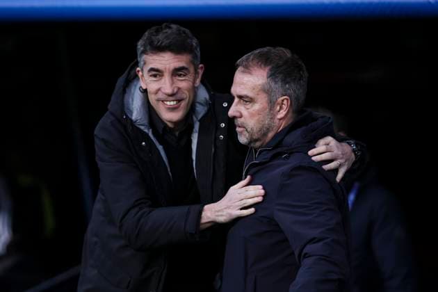March 11, 2025, Barcelona, Barcelona, SPAIN: Hansi Flick, head coach of FC Barcelona, Barca greets Bruno Lage, head coach of SL Benfica during the UEFA Champions League 2024 25 Round of 16 second leg, match between FC Barcelona and SL Benfica at Estadi Olimpic Lluis Companys on March 11, 2025 in Barcelona, Spain. Barcelona SPAIN - ZUMAa181 20250311_zaa_a181_085 Copyright: xJavierxBorregox