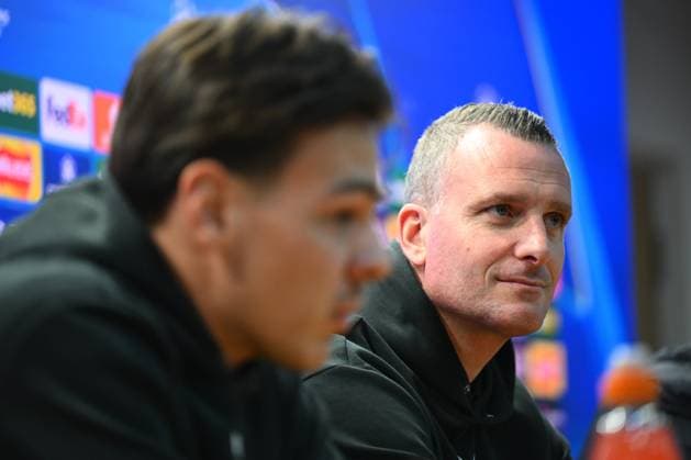 Aston Villa v Club Brugge - UEFA Champions League Media Activities 11 03 2025 BIRMINGHAM, ENGLAND - MARCH 11 : Hayen Nicky head coach of Club Brugge and Jashari Ardon midfielder of Club Brugge talking to the press during a press conference, PK, Pressekonferenz ahead of the UEFA Champions League 2024 25 round of 16 match second leg between Aston Villa and Club Brugge on March 11, 2025 in Birmingham, England, 11 03 2025 Birmingham England  Copyright: xVincentxKalutx