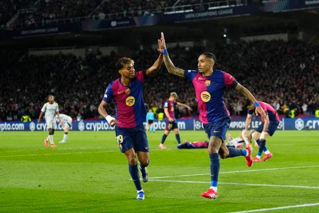 FC Barcelona, Barca v SL Benfica - UEFA Champions League 2024 25 Round of 16 Second Leg Raphinha right winger of Barcelona and Brazil celebrates after scoring his sides second goal during the UEFA Champions League 2024 25 Round of 16 Second Leg match between FC Barcelona and SL Benfica at Estadi Olimpic Lluis Companys on March 11, 2025 in Barcelona, Spain. Barcelona Spain  Copyright: xJosexBretonx originalFilename:bretonhernandez-fcbarcel250311_npWDG.jpg