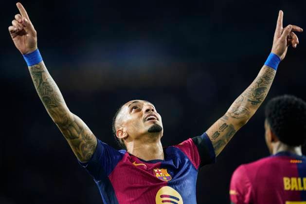 ESP: FC Barcelona, Barca - Benfica. UEFA Champions League match. Round of 16 Raphael Dias Belloli Raphinha of FC Barcelona celebrates the 3-1 during the UEFA Champions League match, Round of 16, between FC Barcelona and Benfica played at Lluis Companys Stadium on March 11 2025 in Barcelona Spain. kpng Copyright: xSergioxRuizx xImagox PS_250311_BAR_BEN_029