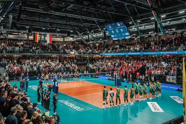 Volleyball Men Season 2024 2025 CEV Champions League 2025 Quarterfinals CLVM 097 SVG Lüneburg GER vs Aluron CMC Warta Zawiercie POL 11 03 2025 The teams at the Champions League Anthem Lüneburg LKH Arena Niedersachsen Germany