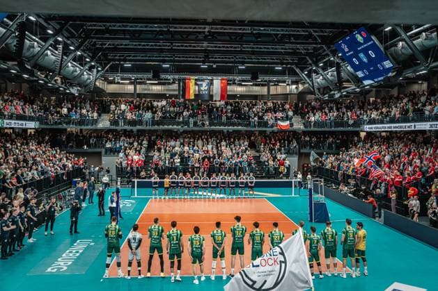 Volleyball Men Season 2024 2025 CEV Champions League 2025 Quarterfinals CLVM 097 SVG Lüneburg GER vs Aluron CMC Warta Zawiercie POL 11 03 2025 The teams at the Champions League Anthem Lüneburg LKH Arena Niedersachsen Germany