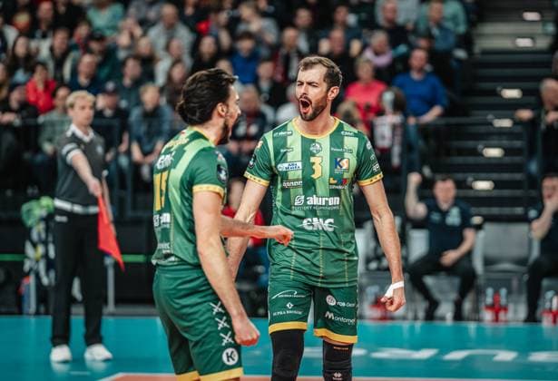 Volleyball Men Season 2024 2025 CEV Champions League 2025 Quarterfinals CLVM 097 SVG Lüneburg GER vs Aluron CMC Warta Zawiercie POL 11 03 2025 Aaron Joseph Russell 3 SVG Aluron CMC Warta ZAWIERCIE cheers with Miguel Tavares Rodrigues 15 SVG Aluron CMC Warta ZAWIERCIE Lüneburg LKH Arena Niedersachsen Germany