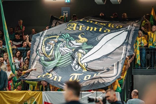 Volleyball Men Season 2024 2025 CEV Champions League 2025 Quarterfinals CLVM 097 SVG Lüneburg GER vs Aluron CMC Warta Zawiercie POL 11 03 2025 The fans of Aluron CMC Warta ZAWIERCIE with a choreo Lüneburg LKH Arena Niedersachsen Germany