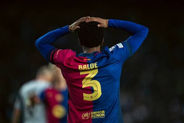 Spain-Football-Champions League FC Barcelona, Barca v SL Benfica in Barcelona, Spain. Barcelona, Spain, 11, March, 2025. Spain-Football-Champions League FC Barcelona v SL Benfica. (3) Alejandro Balde reacts. Barcelona Olympic Stadium Lluis Companys Barcelona Spain