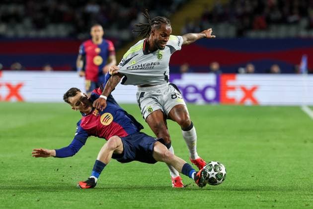 Barcelona 11 March 2025 Uefa Champions League phase 2024 25 Round of 16 FC Barcelona S L Benfica v l , Marc Casado FC Barcelona , Reanto Sanches S L Benfica Duel, Action, Action, Battles for the Ball Copyright: JoaquimxFerreira