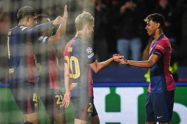 March 11, 2025, Barcelona, Spain, Spain: Lamine YAMAL of Barcelona celebrate his goal with Dani OLMO of Barcelona, Jules KOUNDE of Barcelona and Ronald ARAUJO of Barcelona during the UEFA Champions League match between FC Barcelona, Barca and SL Benfica at Estadi Olimpic Lluis Companys on March 11, 2025 in Barcelona, Spain. Barcelona Spain - ZUMAm308 20250311_zsp_m308_009 Copyright: xMatthieuxMirvillex